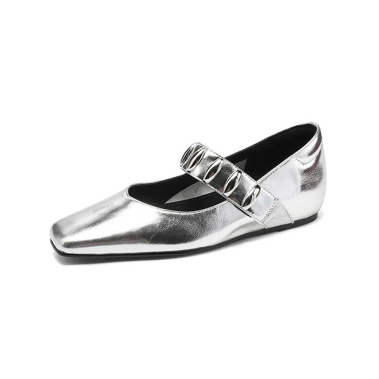 Fashion Cowhide Black Silver Metal Decorative Wedge Heel High-heeled Shoes Spring Autumn Fashion Commute Ballet Soft Flat Single Shoes