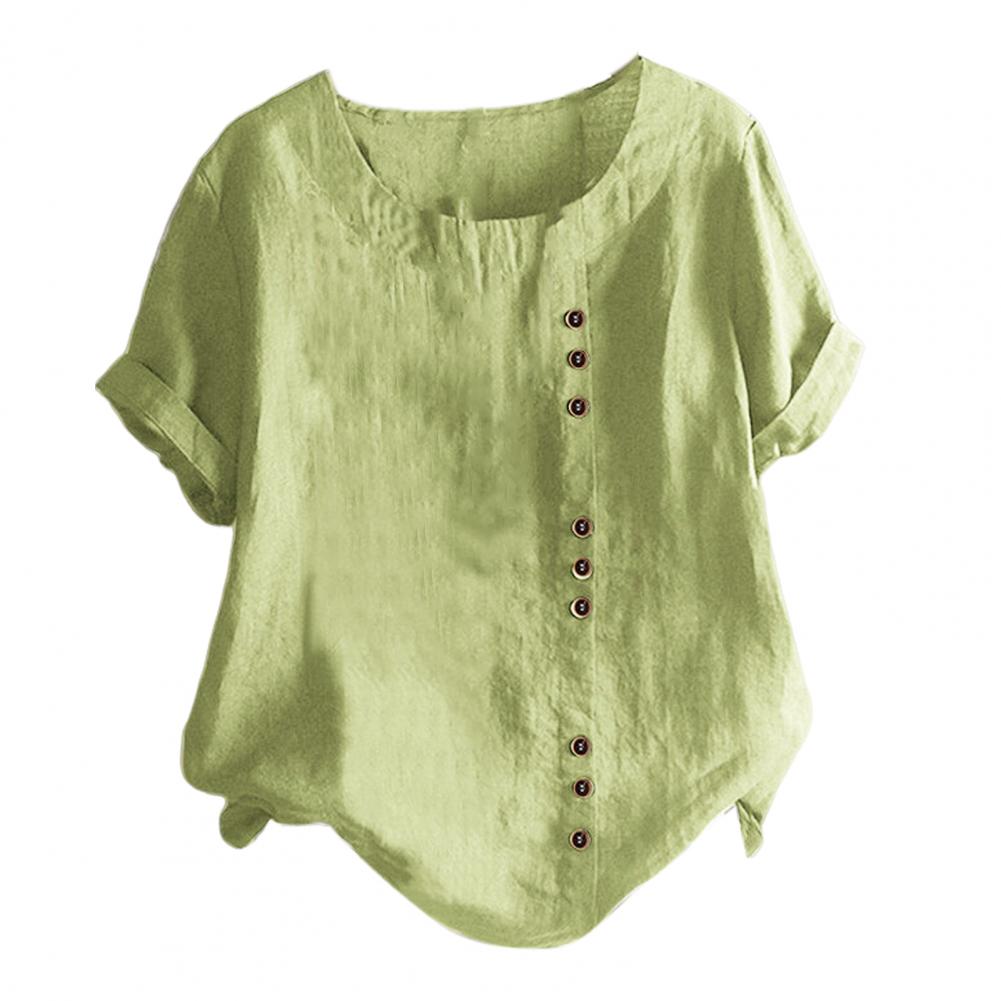 Short-sleeve Button-up Blouse Stylish Women's Summer Tops with Round Neck Button Detail Loose Fit T-shirt In for Casual for A