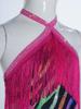 Kids Rhinestone Tassel Latin Dance Competition Bodysuit Halter Sleeveless Crisscross Back Side Cutout Jumpsuit for Stage Show