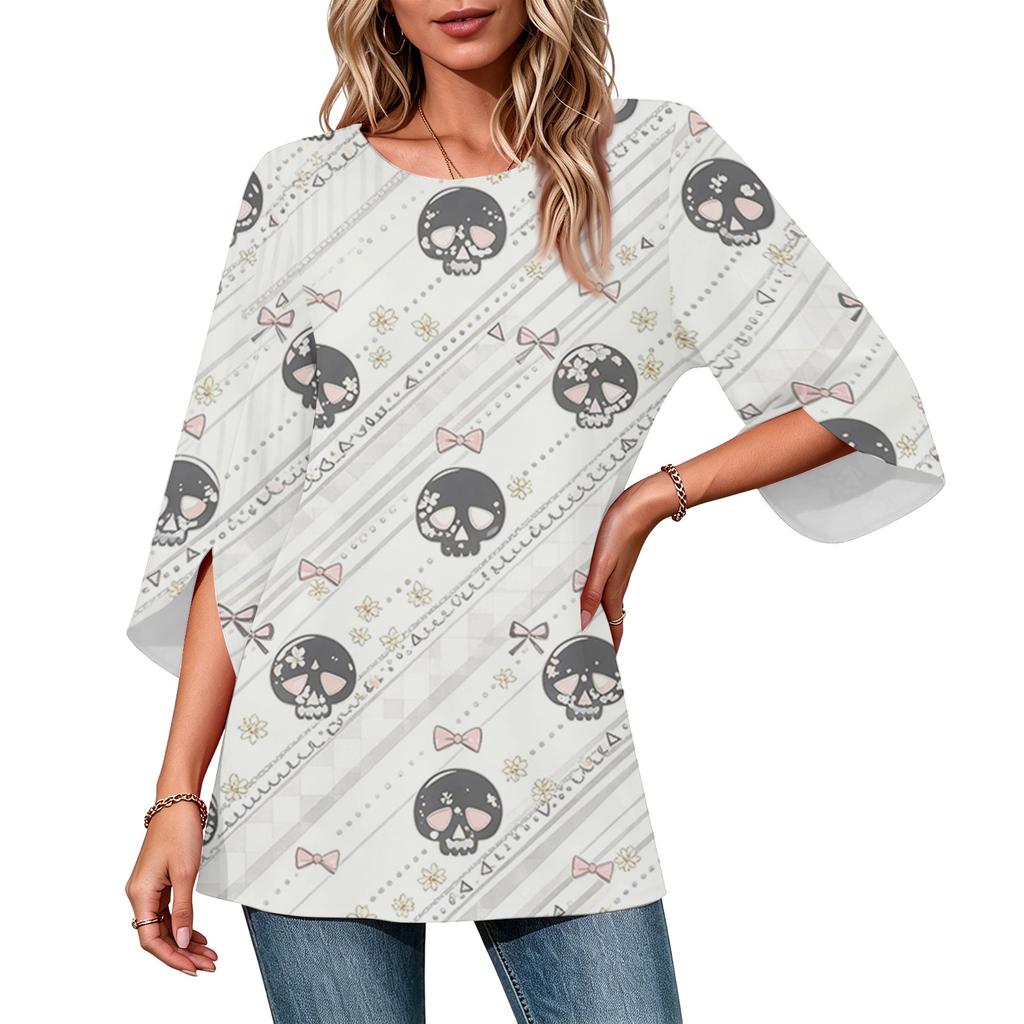 Women's Halloween Printed Casual Loose Fit Neck Three-Quarter Sleeve Top for Fall