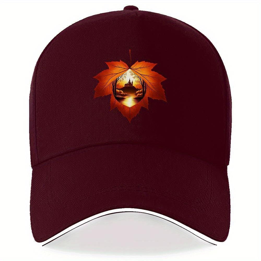 Maple Leaf Castle Sunset Print Baseball Cap Polyester Adjustable Couple Outdoor Sports Cap One Size