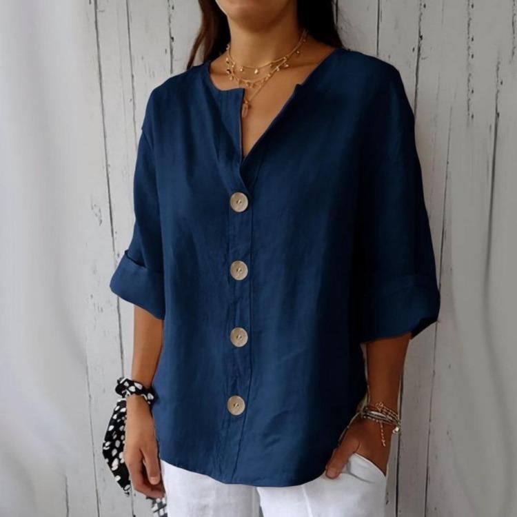 Women Loose V Neck Three Quarter Sleeve Buttoned Plain Shirt Classic Solid Color Commuting Tops T Shirt for Women
