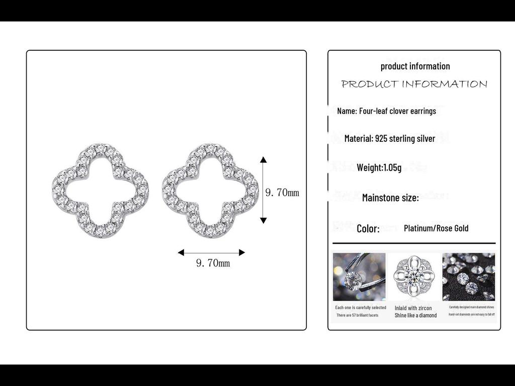 S925 Silber Exquisite Glücksklee Ohrringe: Hochwertiger koreanischer Stil, luxuriöses, diamantbesetztes vierblättriges Kleeblatt-Design.