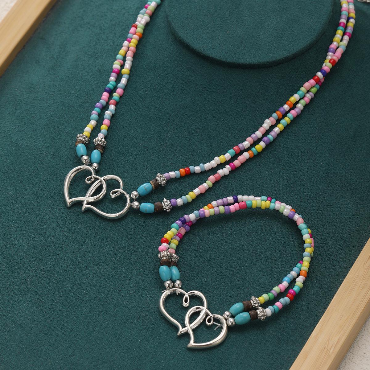 

Bohemian Double Heart Necklace Bracelet Set,with White Beads And Turquoise, Perfect for Beach Parties Holiday Gift