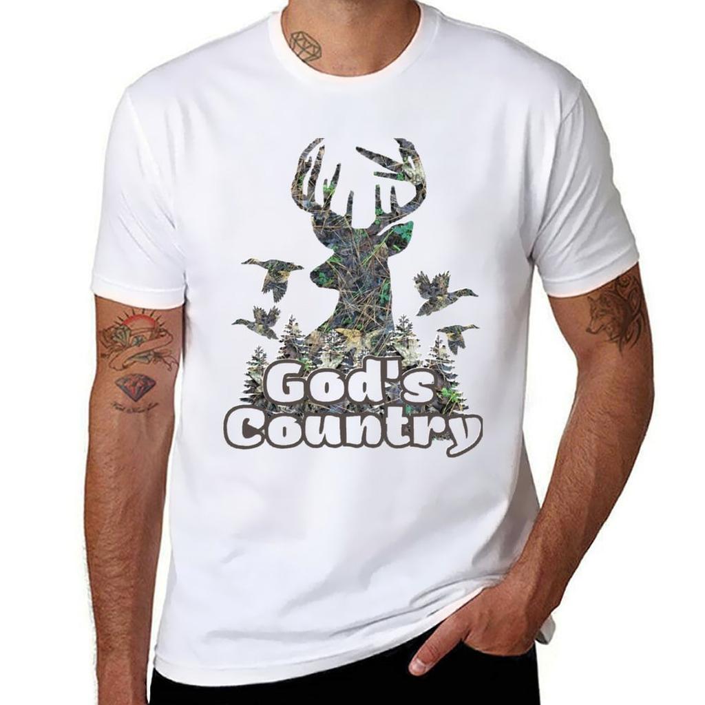 Gods Country Camouflage Whitetail Buck Deer Camo Flying Ducks Deer Hunting Camo Design TShirt Vintage Print Crew Neck Tee