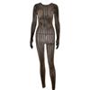Women's Crew Neck Long Sleeve Jumpsuit Slim Fit High Waist Sexy Sheer Wavy Knit Mesh Stretchy Unitard