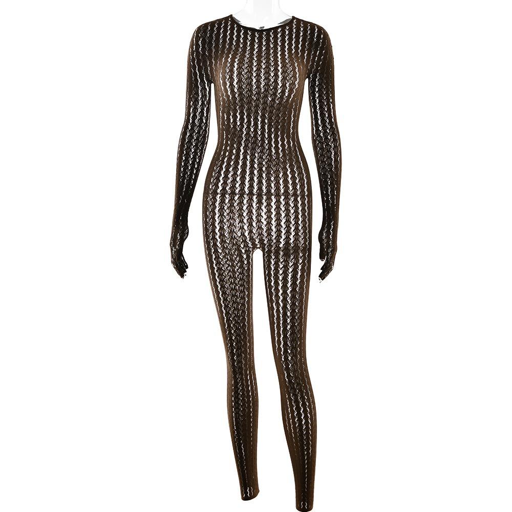 Women's Crew Neck Long Sleeve Jumpsuit Slim Fit High Waist Sexy Sheer Wavy Knit Mesh Stretchy Unitard