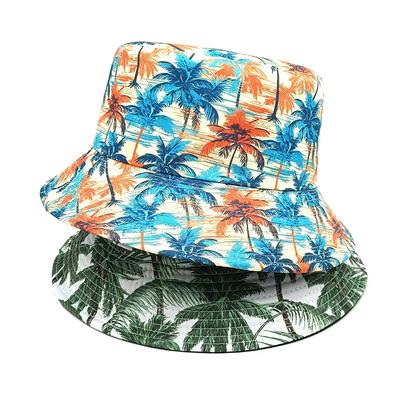 Modischer Fischerhut mit Kokospalmen-Druckmuster für den Urlaub, beidseitig tragbare Panama-Kappe, Unisex, für den Außenbereich, Strand, Neu