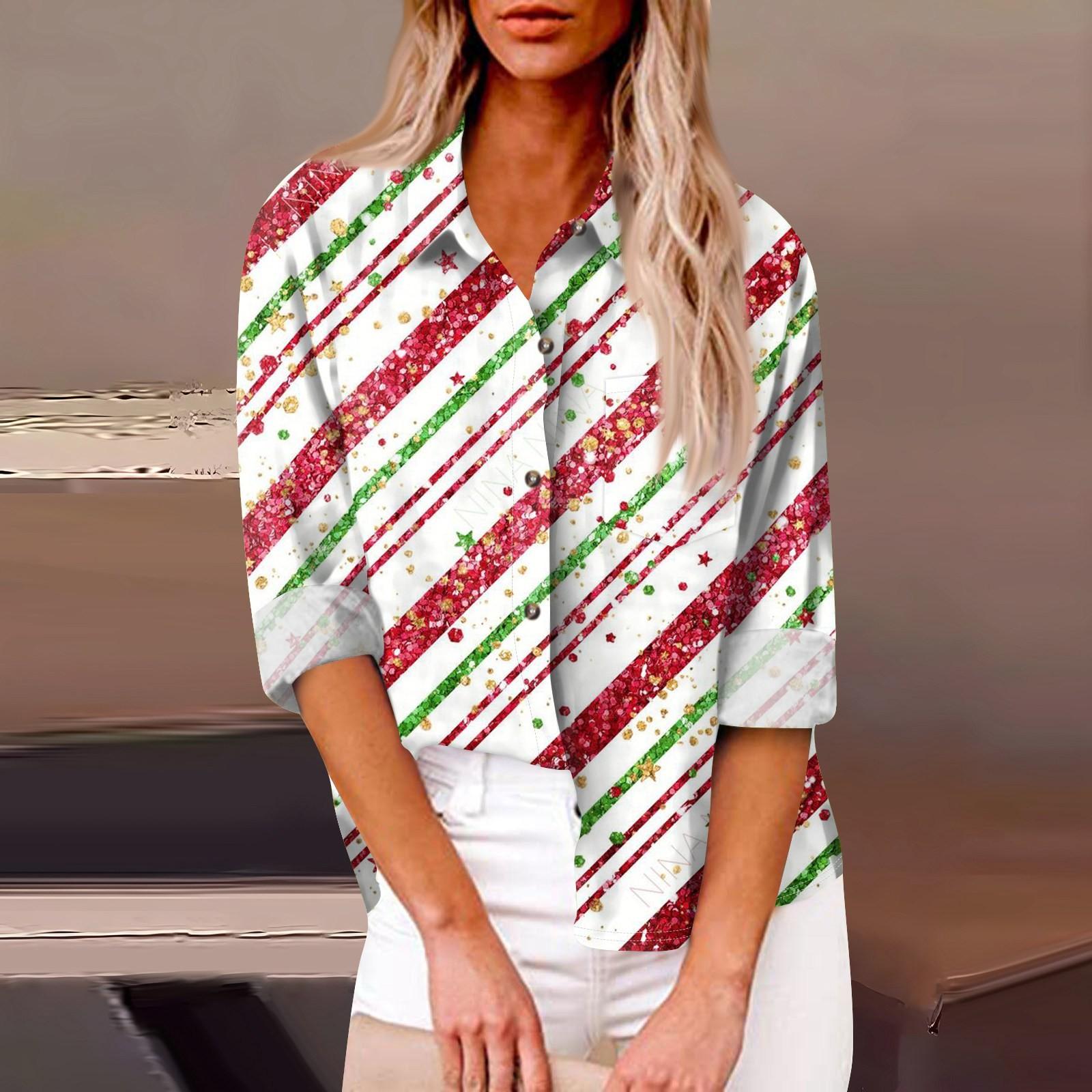 Женская свободная повседневная рубашка с длинными рукавами и рождественским принтом — фото 13