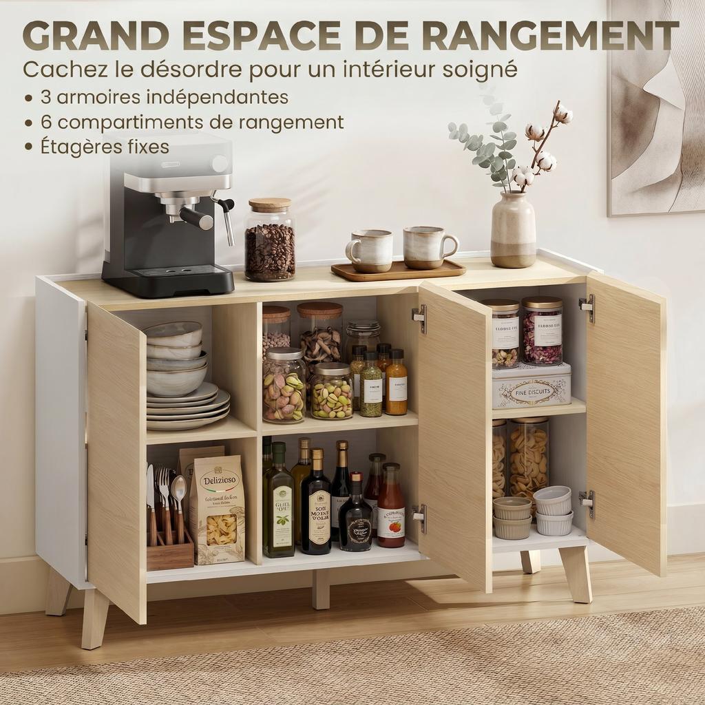 Kitchen Sideboard, 3 Soft-Close Doors, 6 Compartments, Natural Wood and White