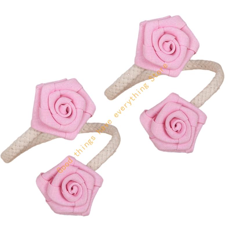 55KF 2Pcs Adjustable Curtain Tiebacks Rustics Cloth Rope and Cloth Flower Holders Holdbacks for Window Drapes Decorations