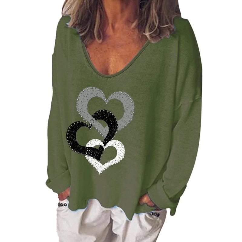 Women S V Neck Long Sleeve Heart Print Loose T Shirt