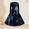 Plus Size Women Square Neck Long Sleeve Printed Navy Blue A Line Dress With Belt