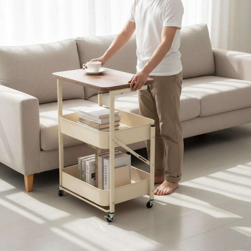 Mobile End Table with Storage Baskets 360-Degree Rotating Wheels Foldable