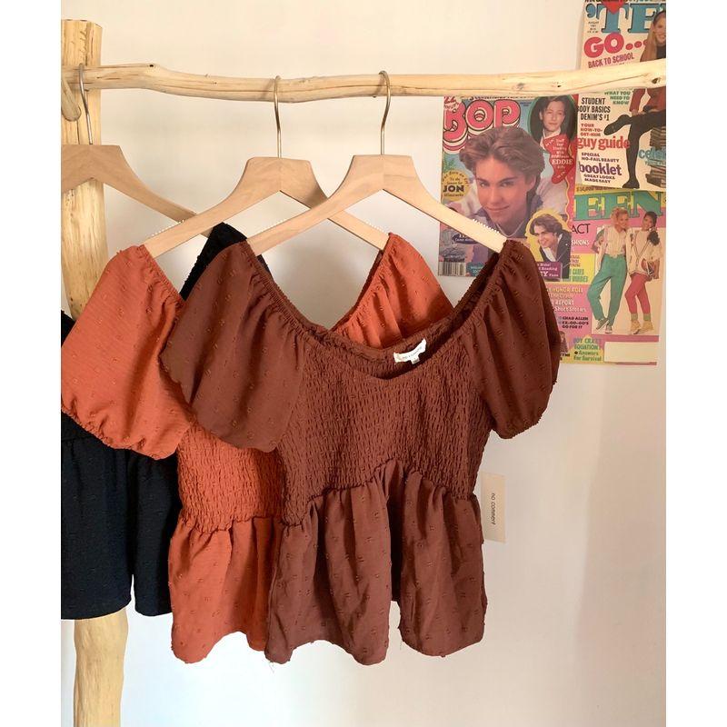 

Summer Note @ Export French Style Puff Sleeves Polka Dot Smocking Skirt Short Sleeve Tops B976 Light coffee (No. 6 left L