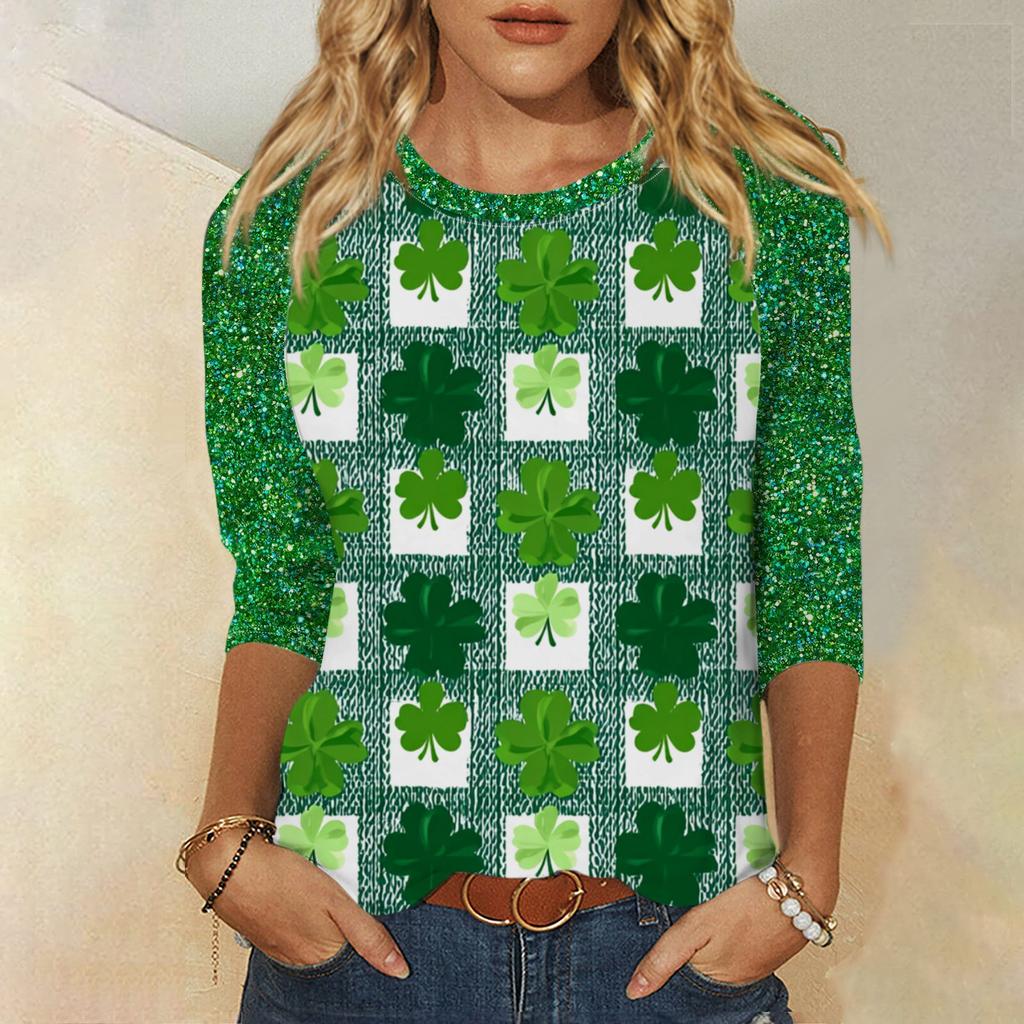 Damski St. Top z nadrukiem na Dzień Świętego Patryka, z okrągłym dekoltem i rękawem trzy czwarte