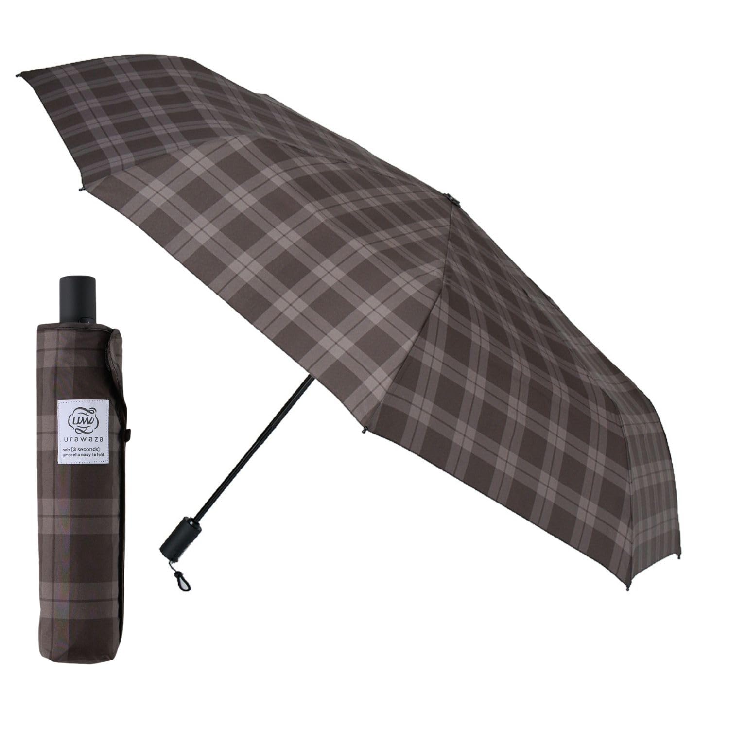 

[WEB Exclusive] 3-Second UraWaza Umbrella, Automatic Open/Close, One-Touch, Large, UV Protection, Folding Umbrella, 60cm, Check Pattern, Black, 10341
