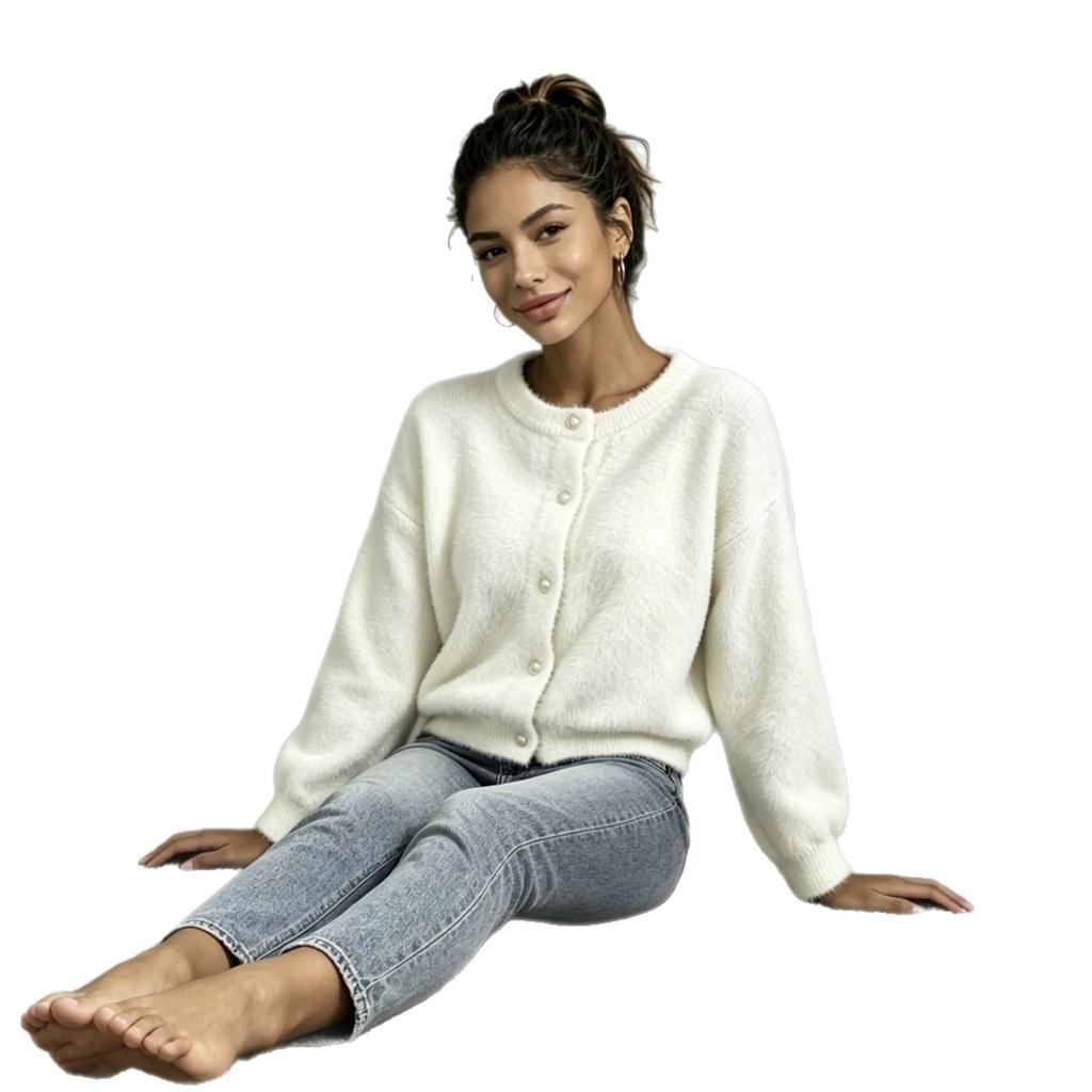 Cross-border Amazon Hot-selling Crew Neck Pearl Buckle Imitation Mink Sweater Jacket Short Solid Color Knitted Cardigan Women