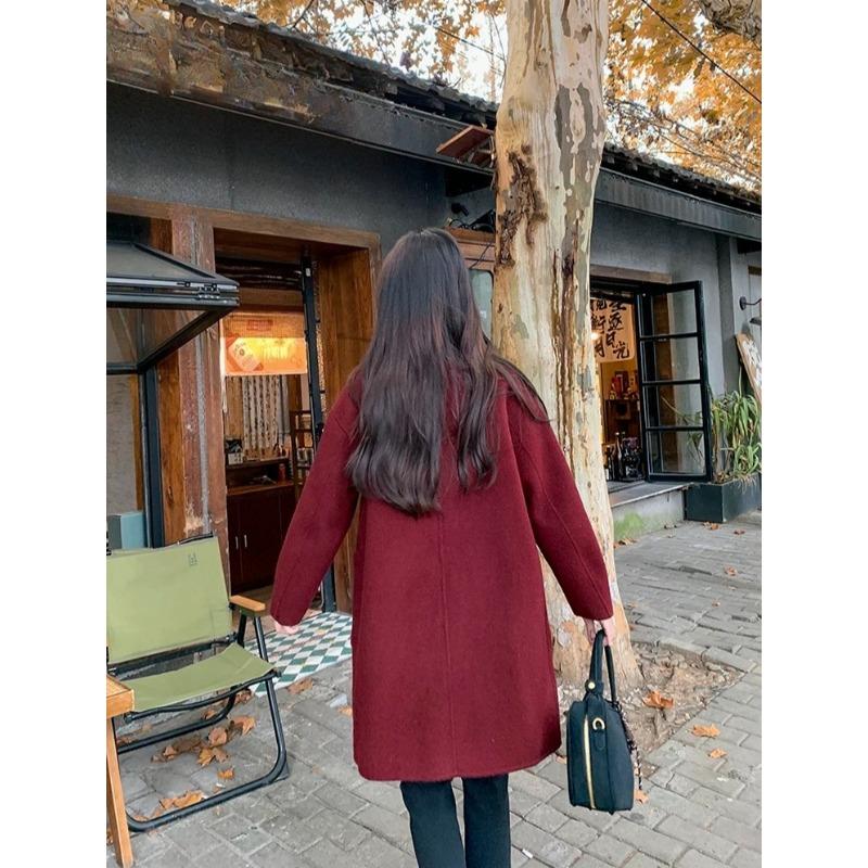 Gray Wool Coat Women Autumn Winter Middle Long Length Petite Pure Color Button Design Outerwear