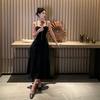 French retro red velvet suspender dress spring and autumn high waist slim fit medium and long bottom skirt women's dress skirt