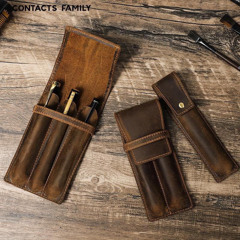 1 Retro Crazy Horse Leather Pencil Case, 2 Pcs, 3 Pcs, Handmade, Personalized and Creative Student Pen Case.