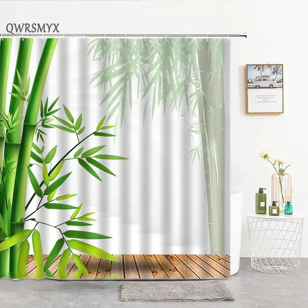 Green Bamboo Zen Stone Shower Curtains Lotus Flowing Water Zen Landscape Shower Curtain Home Bathroom Decoration Set with Hooks