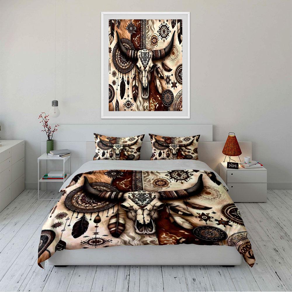 Boho Bull Skull Dreamcatcher Bedding Duvet Cover Set Duvet Cover Pillowcases (1 * Duvet Cover 2 * Pillowcases, Without Duvet Insert)