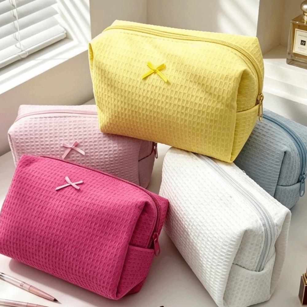 Bow Decor Cosmetic Bag Zipper Toiletry Organizer Sweet Waffle Knit Makeup Bag  Travel