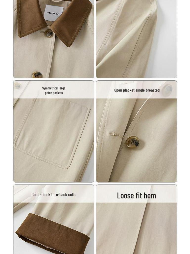 2025 Autumn Women's Japanese Khaki Trench Coat - Relaxed Fit, Color Block, Mid-Length Lapel Outerwear