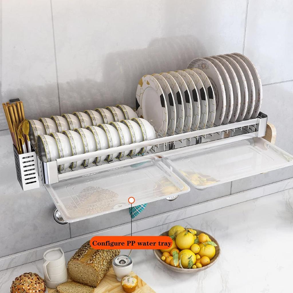 Stainless Steel Wall-Mounted Dish Rack, Dish Drying Rack with Drip Tray, Cutlery Rack and Cutting Board Rack, Silver (80x30cm)