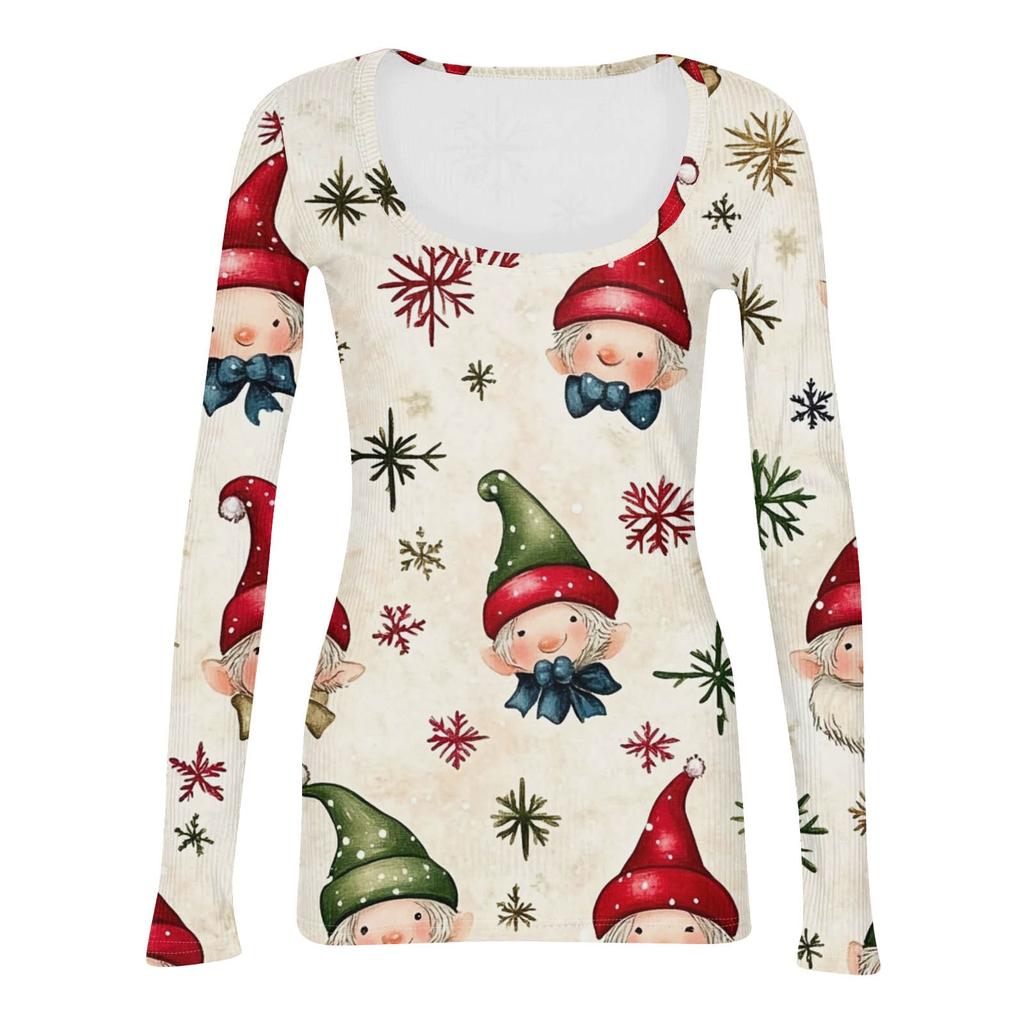 Women's Fashion Slim Bottom Casual Long Sleeve Christmas Printed Pullover U Neck Top
