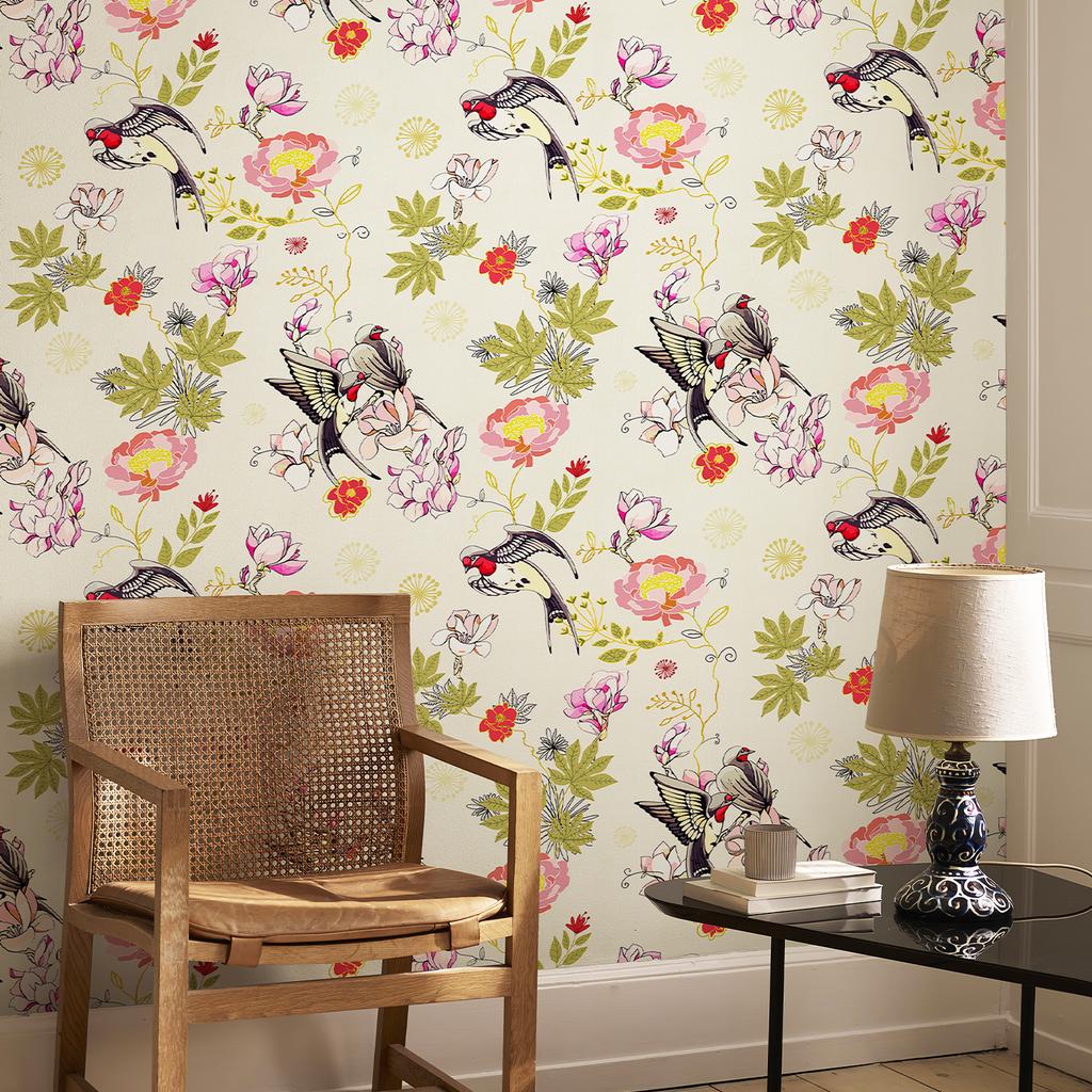 Gelbe Schwalben Abziehen und Aufkleben Tapete Retro Goldene Blätter und Blumen Wanddeko Wasserdicht Badezimmer Küche Tapetenaufkleber