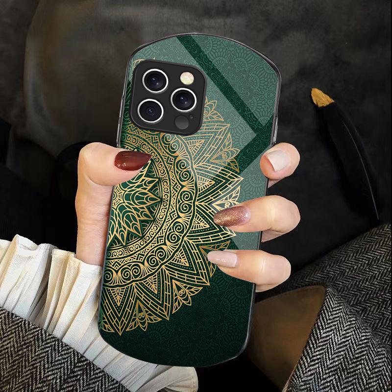 Golden Half Mandala For Iphone 11 12 13 14 15 16 Pro Max Plus Mini 7 8 Se 2020 X Xs Xr Elliptical Tempered Glass Phone Case