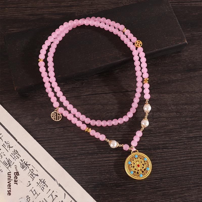 Chinese Style Pearl Necklace Hanfu Accessory Zinc Alloy Hollow Carved Pendant Long Chain Necklace