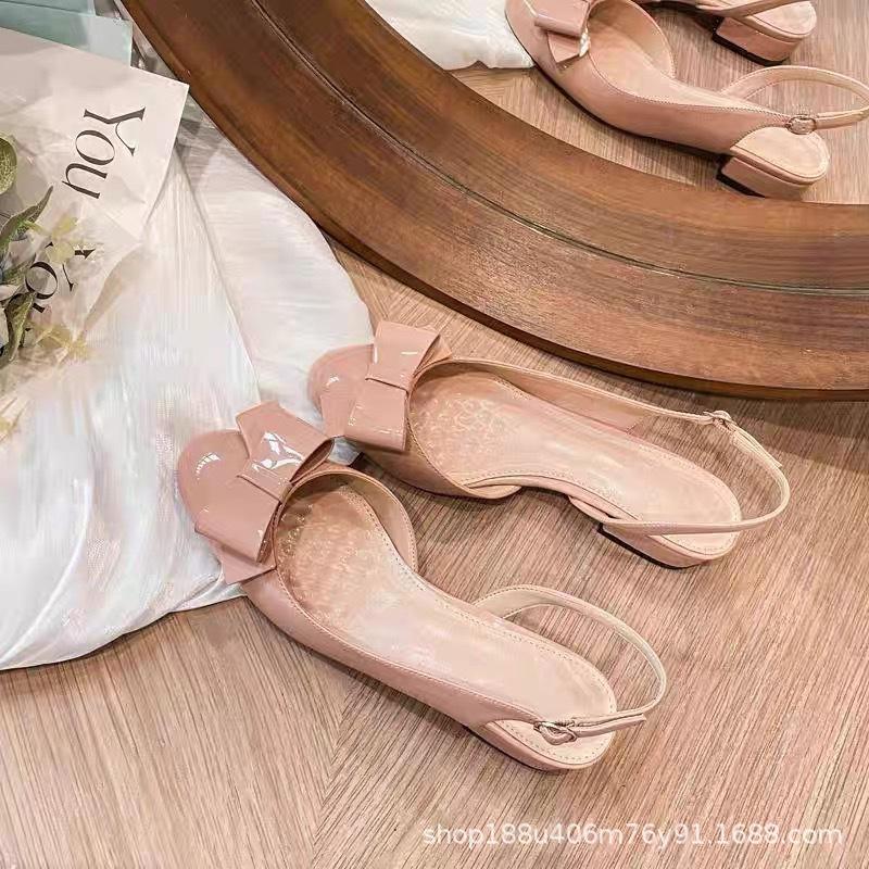 [Spot] French bow bag head sandals women's summer wear 2025 new beautiful nude temperament thick heels