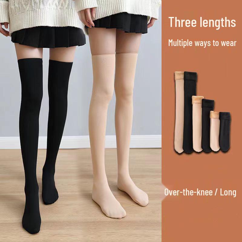 Women's Flesh-Colored Fleece Mid-Calf and Over-the-Knee Socks for Autumn/Winter: Thick, Warm, Wide-Leg, High-Top Snow Socks