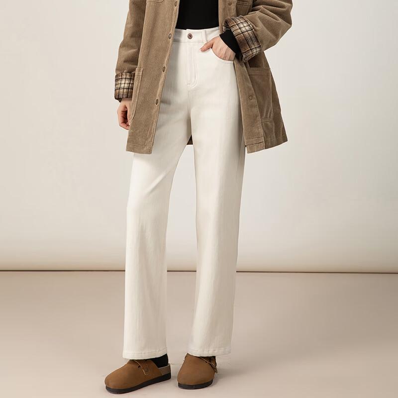 Fanzhen Women's Plush-Lined Off-White High-Waist Straight-Leg Jeans