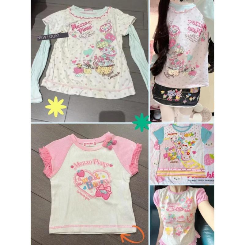Sweet Kawaii Cartoon Tshirts Polka Dot Print Women T-shirt Loose Casual Contrast Color Cute Graphic Tee Tops Japan Y2k Aesthetic