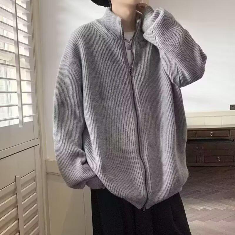 

Men s Retro Stand Collar Knit Cardigan Sweater Jacket - Solid Color, Zipper, Casual for Spring/Autumn L сірий колір
