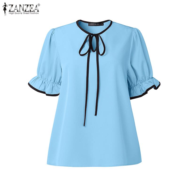 

ZANZEA Women Bow Knot Neck Puff Sleeve Stitching Elegant Casual Blouse 5XL синий