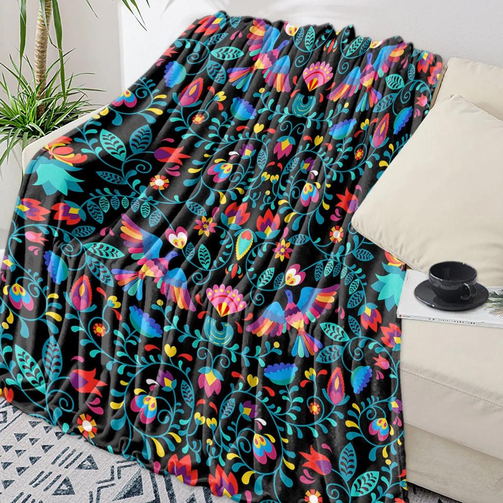 Colorful Mexican Abstract Flower Throw Blanket Warm Flannel for Kids Portable Soft Sofa Bedspread