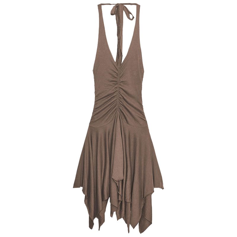 

Zaprha 2025 Summer New Elegant Neck Collar Bow Backless Asymmetric Dress 4174814 Brown L