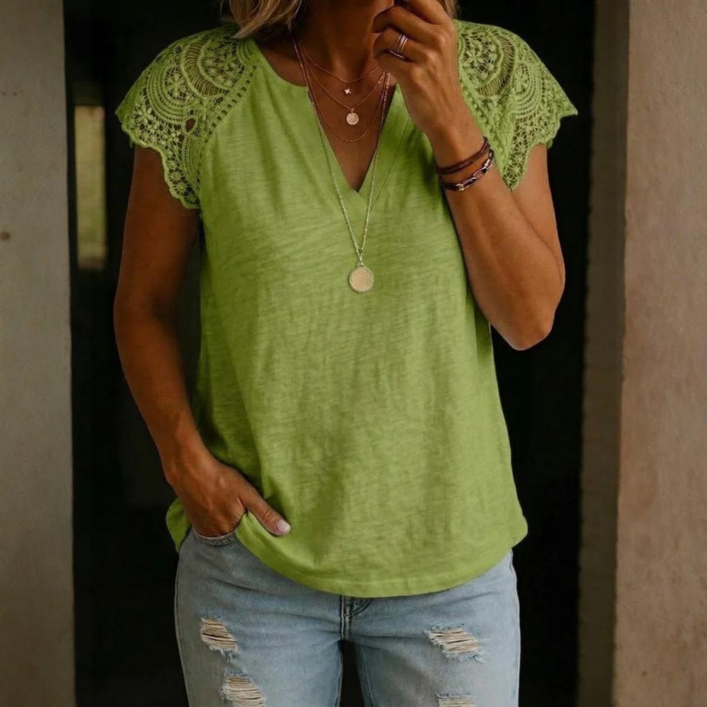 Women's Loose-Fit, Stylish, And Casual Short-Sleeve Top With Lace-Paneled V-Neck