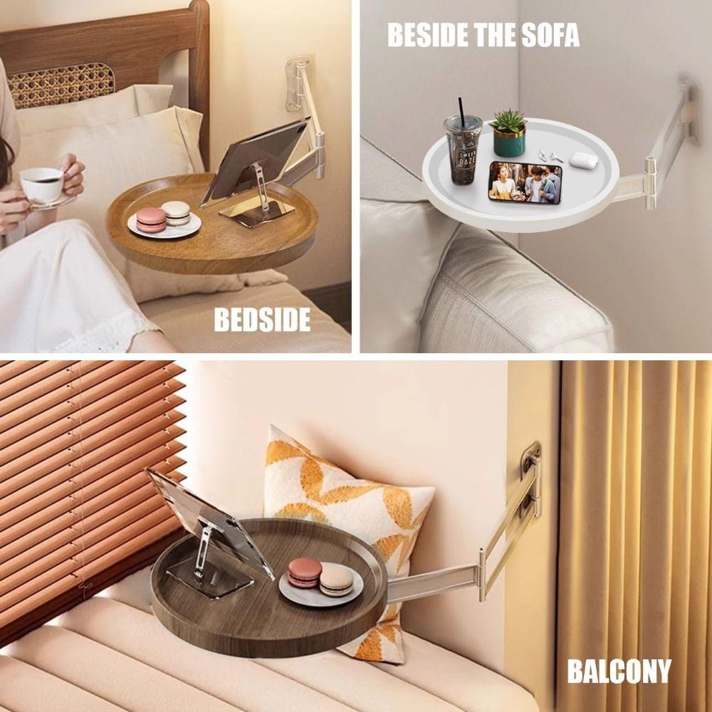 White Collapsible Coffee Desk Wall Mounted Floating Round Tray for Bedroom Living Room