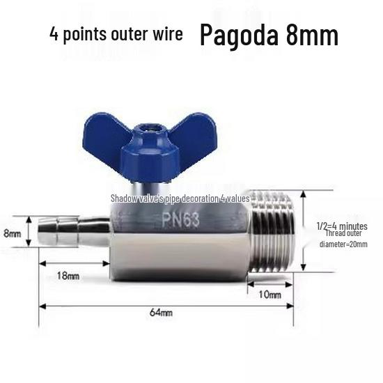 304 Stainless Steel Mini Ball Valve with Butterfly Handle, Internal/External Threads, High Pressure, 4-Way Pagoda Tube Connector.