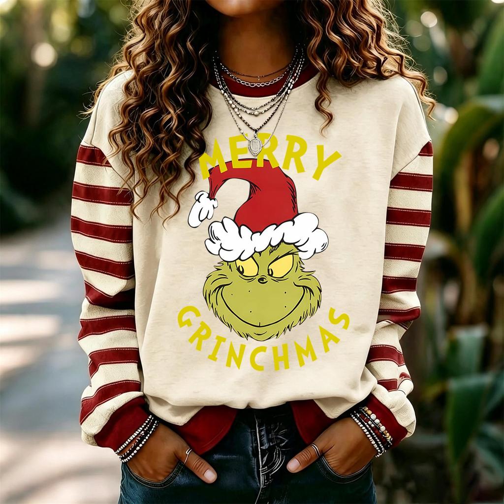 Women's Long Sleeve Neck Pullover Sweatshirt with Christmas Holiday Print for Casual Daily Wear
