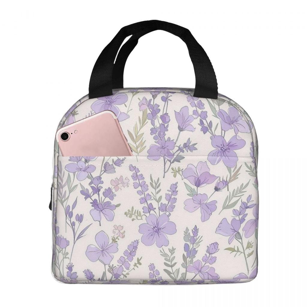 Light Purple Floral Pattern Insulated Lunch Bag for Women Children Portable Food Boxes Thermal Lunch Box Tote