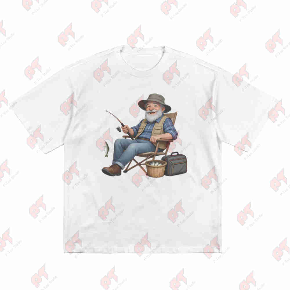 Fishing Full-Body Old Man Fishing Print Anglers Short Sleeve Tee 100% Cotton T-Shirt