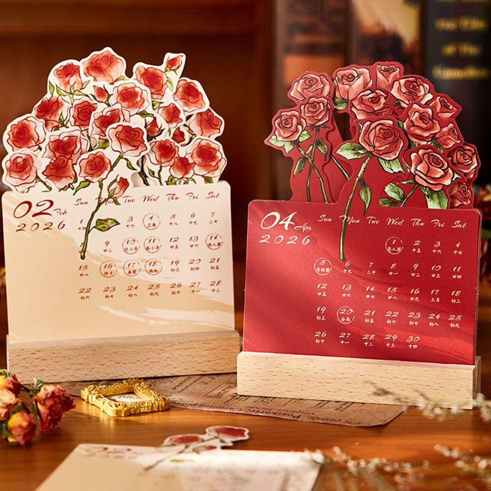 Simple 2026 Desk Calendar Card Insert With Wooden Base Mini Calendar Rose Painting Monthly Planner Gifts