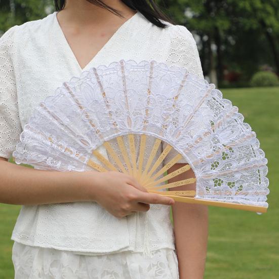 Vintage Style Folding Fan with Lace Trim And Tassel Pendant Elegant Fabric And Bamboo Handheld Fan Hollowed Hand Fan for Wedding Party Home Decor